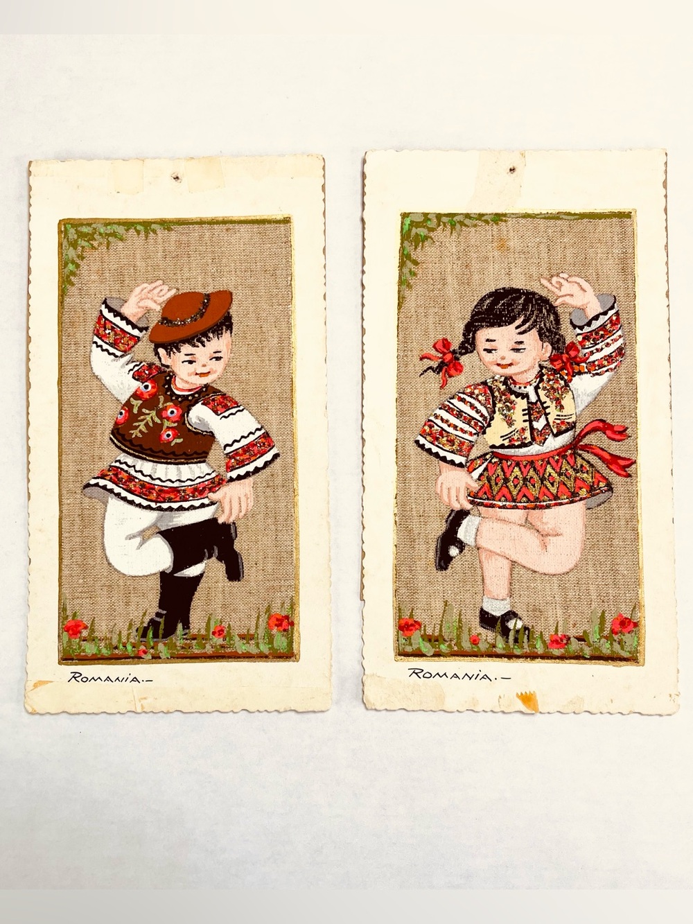 Romanian Folk Art Boy Girl Dancing Children Foclor Costume Hand Painted Linen